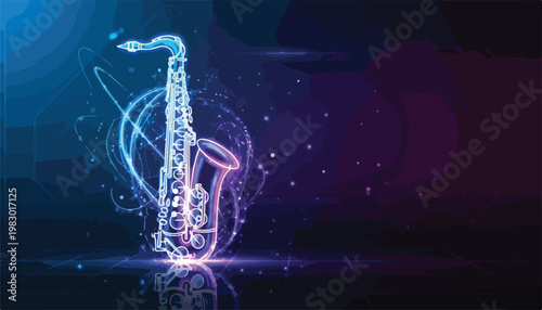 International Jazz Day poster vector, neon saxophone on dark background, glowing particles, vibrant gradient, futuristic style, copy space