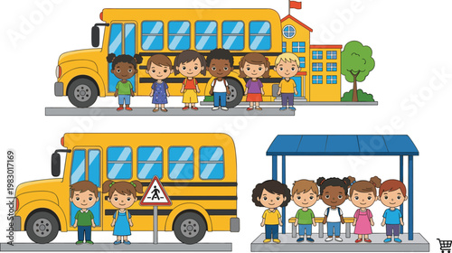 School Children Waiting and Boarding Yellow School Bus Near School Building and Bus Stop, Cute Cartoon Kids Transportation Vector Illustration Set for Education.