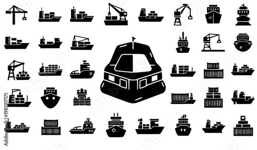 Fotografie Minimal maritime shipping icon set cargo ship crane tugboat vector isolated on w