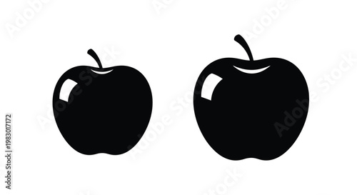 Two black apples displayed in varying sizes on transparent background silhouette