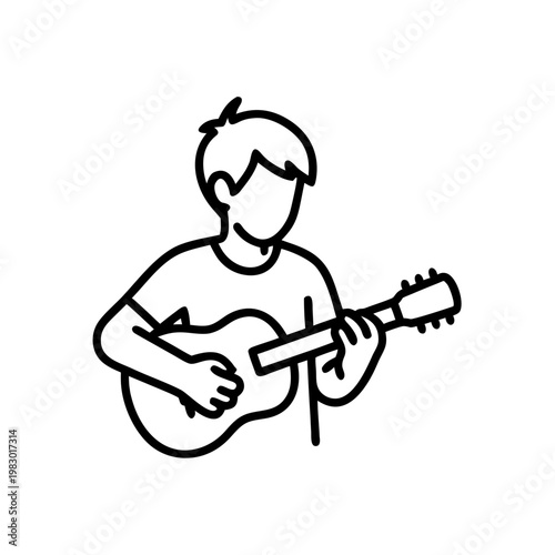 Young boy playing guitar and learning chords in minimalist style  