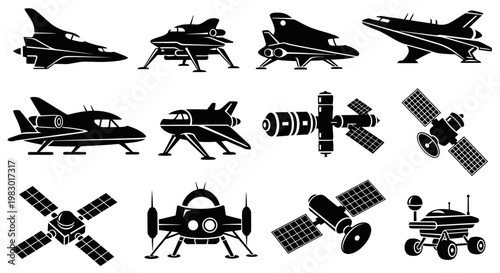 Black silhouettes of various spacecraft and aircraft.