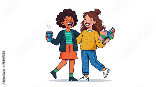 Two teenage girls walking together outside.