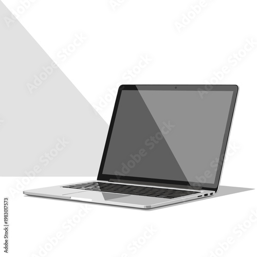 A sleek, modern silver laptop computer is open and angled on a clean white surface, with a soft shadow cast behind it and a diagonal light source illuminating the background.