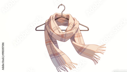 Digital Illustration of a Warm Checkered Fringed Scarf Hung Neatly on a Simple Metal Clothes Hanger, Isolated on a Plain Off-White Background with Soft Warm Lighting