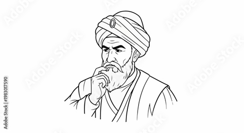 Ancient scholar with turban, beard, and thoughtful expression