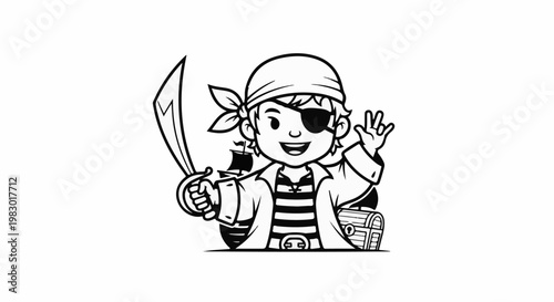 Cheerful cartoon pirate boy with sword, eye patch, bandana, treasure chest, and ship