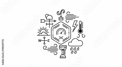 Collection of weather icons including sun, wind, rain, temperature, and pressure