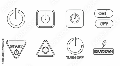 Collection of power, start, and shutdown icons in various geometric shapes