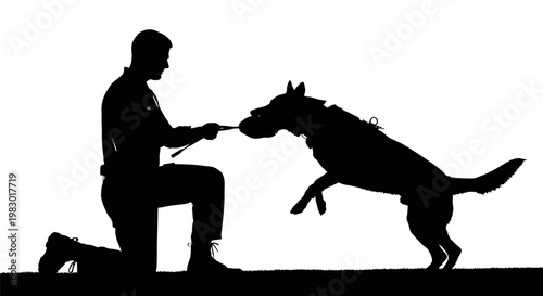 Silhouette of a man training a German Shepherd dog.