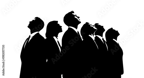 Silhouette of diverse business professionals looking upwards together.
