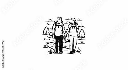 Couple hiking hand in hand through a scenic landscape