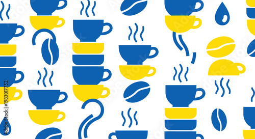 Abstract Coffee Pattern: Blue & Yellow Cups, Beans, and Steam on White