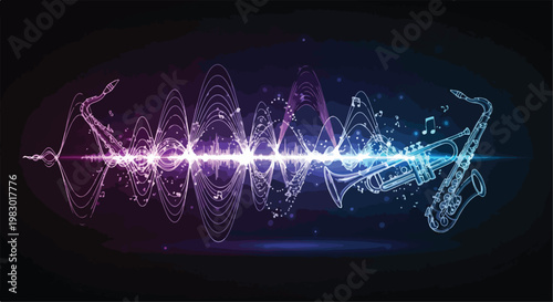 abstract jazz music vector, neon sound waves and particles, dark background, gradient glow, futuristic Gen Z aesthetic