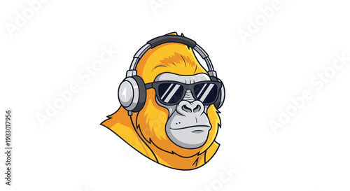 Cool Gorilla Wearing Sunglasses and Headphones, Cartoon Style