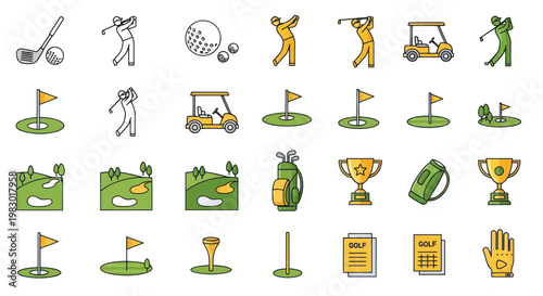 Golf Icon Set: Players, Course, Equipment, Trophy, and Cart - Vector Graphics