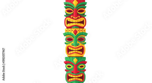 Colorful Tiki Totem Pole with Three Masks on White Background