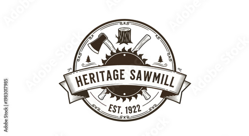 Heritage Sawmill Est. 1922 Vintage Logo Emblem with Axe and Saw