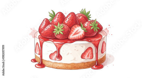 Delicious Strawberry Cheesecake with Fresh Berries and Syrup Drizzle