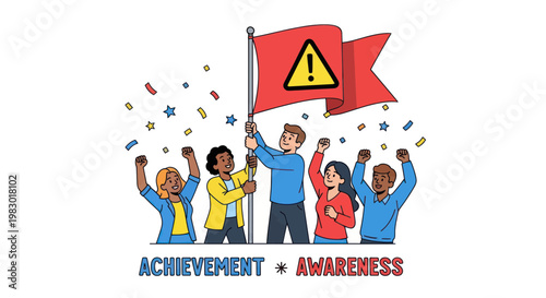 Teamwork Success with Warning Flag and Confetti Celebrating Achievement and Awareness