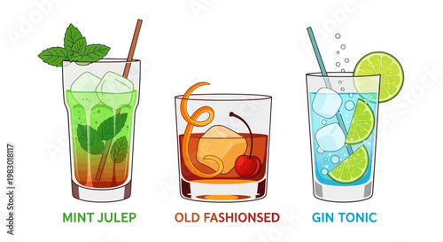 Three Classic Cocktails: Mint Julep, Old Fashioned, Gin Tonic - Refreshing Drinks