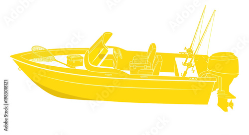 Yellow Fishing Boat with Rods and Net, Side View Illustration