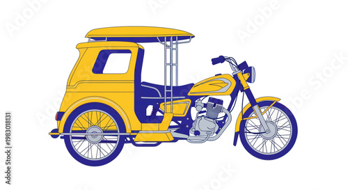 Yellow Tricycle with Blue Trim - Traditional Asian Motorized Rickshaw
