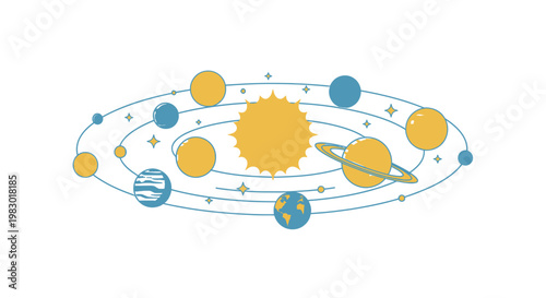 Solar system planets and sun illustration.