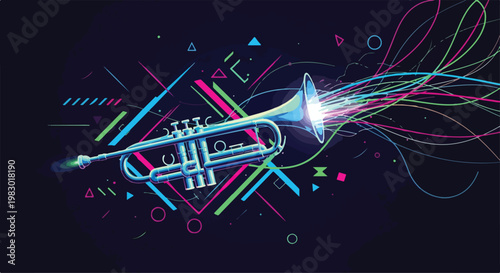 Vibrant illustration of a trumpet with neon-colored lines and geometric shapes on International Jazz Day against a dark background with a lively mood