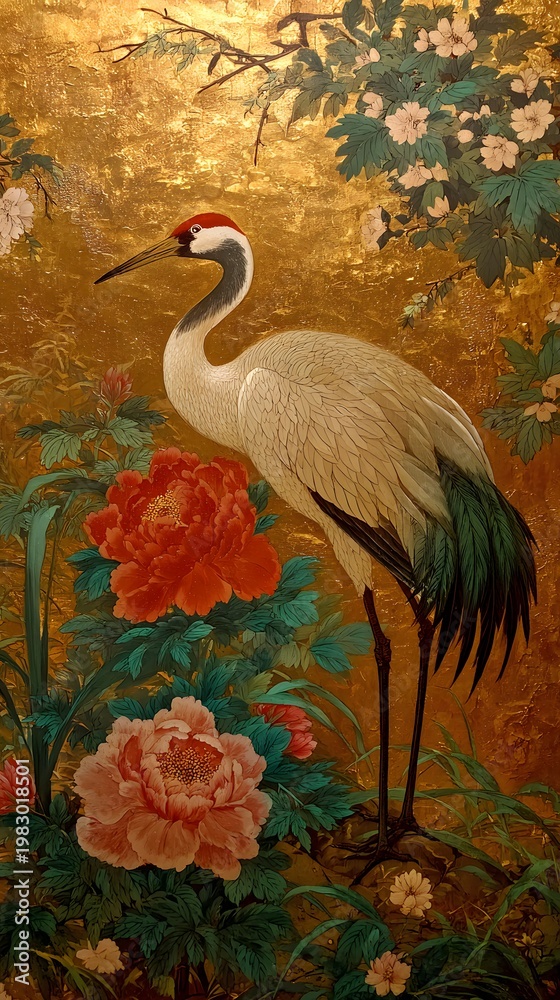 Fototapeta premium Japanese red crowned crane standing among colorful peonies on gold background