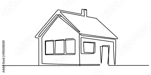 A minimalist single continuous line drawing of a simple suburban home with a chimney and windows