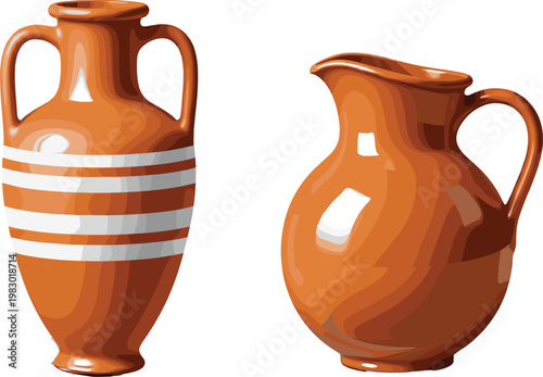 Glossy Ceramic Pitchers and Decorative Clay Vases Illustration with Traditional Earthenware Design for Kitchen, Home Decor, Beverage Serving, and Rustic Interior Styling