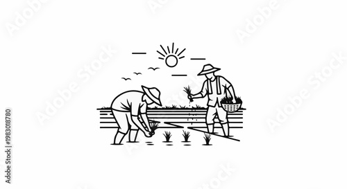 Farmers planting crops under a bright sun with birds flying above