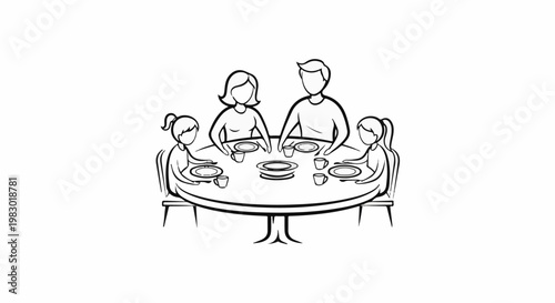 Family gathered around a table for a meal, in a simple line drawing style
