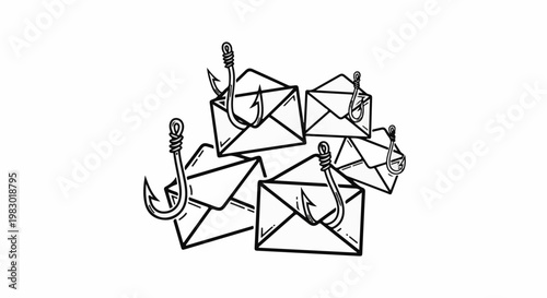 Fishing hooks pierce envelopes, symbolizing cyber threats and scams