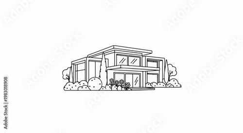 Modern house with flat roof, large windows, surrounded by trees and flowers