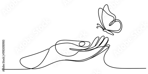 A beautiful continuous line drawing showing a delicate butterfly hovering above a human palm hand