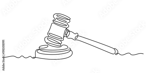 A single continuous line drawing of a wooden judge gavel resting on a circular base for justice