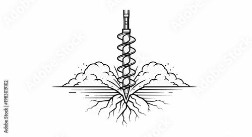 Spiral drill bit breaks ground, scattering dirt and revealing roots below