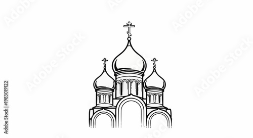 Stylized line art of a large church with multiple domes and crosses