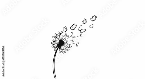 Stylized dandelion with flying butterflies in a minimalist sketch style