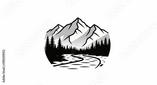 Stylized mountain range with forest and river in monochrome