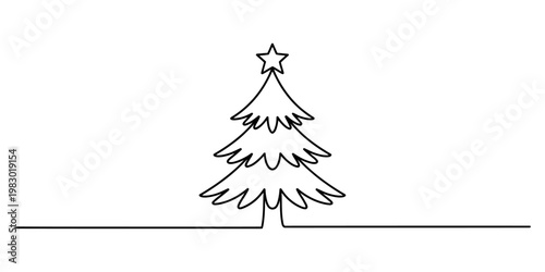 A continuous single line drawing of a simple christmas tree with a star topper on a white base