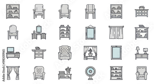 Collection of minimalist interior furniture and home decor line icons