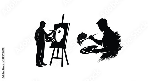 Artist painting at an easel creative expression black silhouette on transparent background