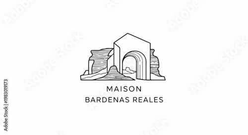 Stylized outline of layered geological formations with an archway and text below