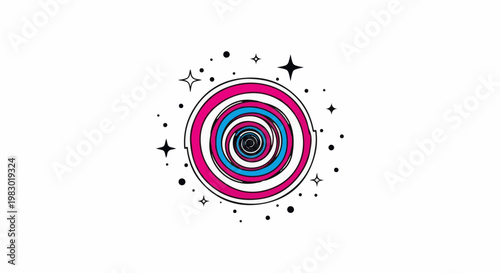 Vibrant spiral vortex with sparkling stars and dots on a white background