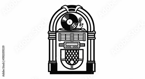 Vintage jukebox with a spinning record and chrome accents on a white background