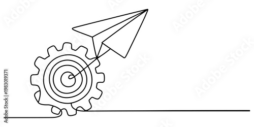 A single continuous line drawing of a paper airplane launching from a mechanical gear target icon