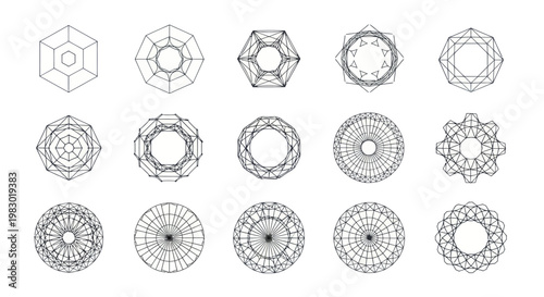 Collection of abstract geometric wireframe shapes and patterns on white background.
